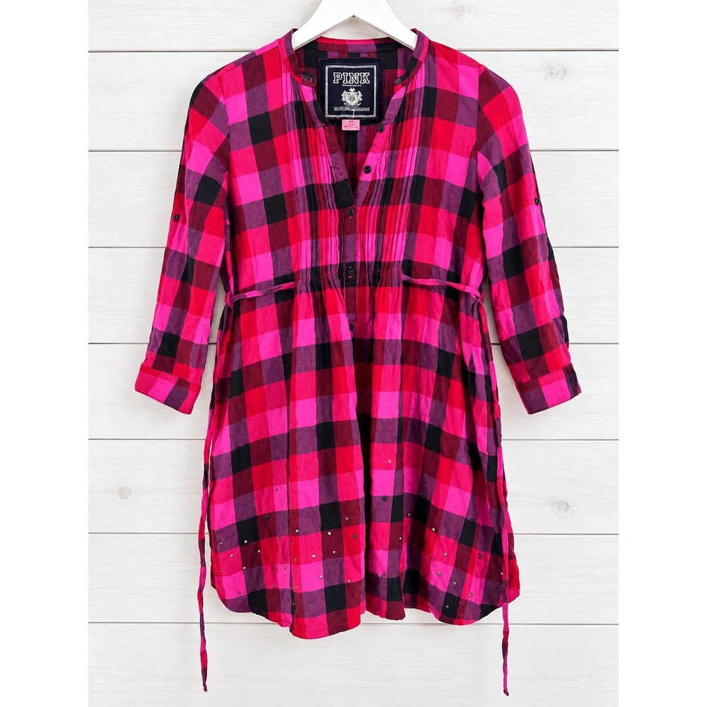 Victoria's Secret PINK Plaid Rhinestone Flannel Tunic Top Y2K Pink Black Small